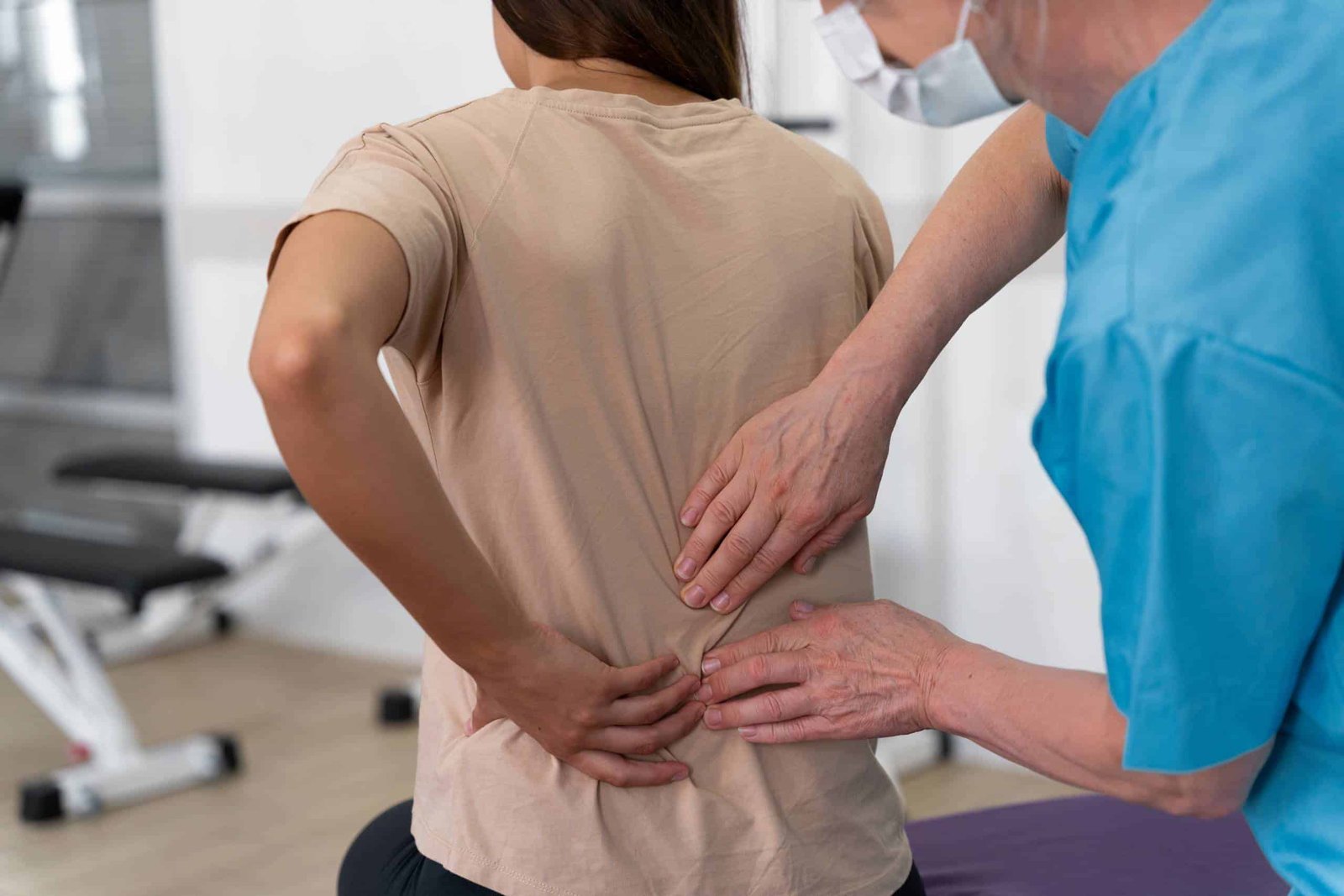 Physiotherapist examining patient’s lower back for posture or spinal discomfort.