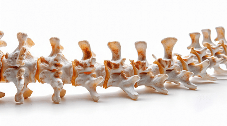 Close-up of human spine bone model showing vertebrae and intervertebral discs.