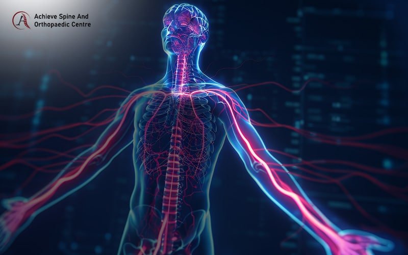 Digital illustration of human nervous system, affected by tech neck.