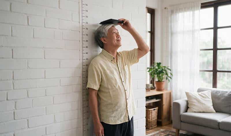Senior man measuring his height against wall at home.